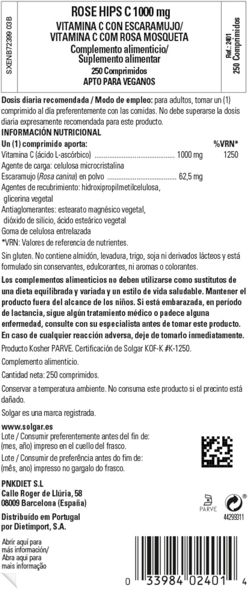 Solgar Vitamina C Con Escaramujo 1000 Mg Comprimidos, Rose Hips - Envase De 250