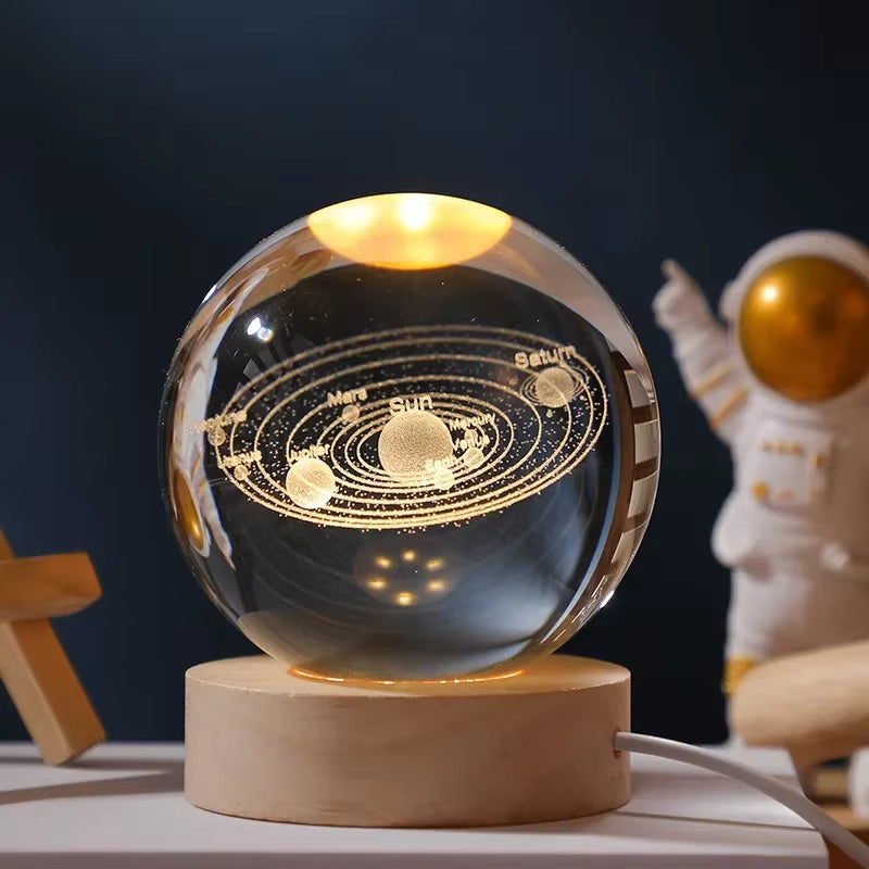 6/8Cm 3D Crystal Ball Planet Night Light Laser Engraved Solar System Globe Astronomy Festival Gifts Home Desktop Decoration