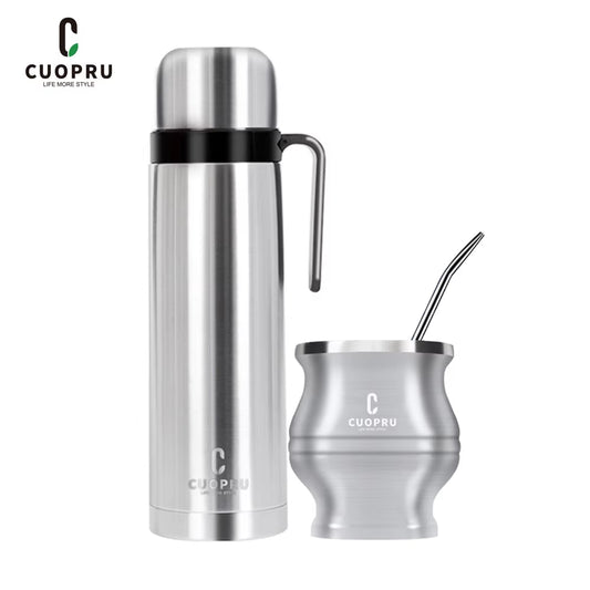 Silver Yerba Mate Tea Cup Set, Stainless Steel Mate Cup with Vacuum Insulated Bottle, Bombilla (Straws), Tea Filter Set